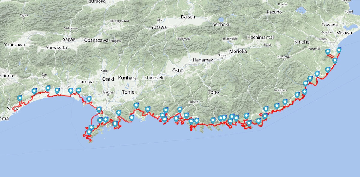 Map of the Michinoku Coastal Trail route