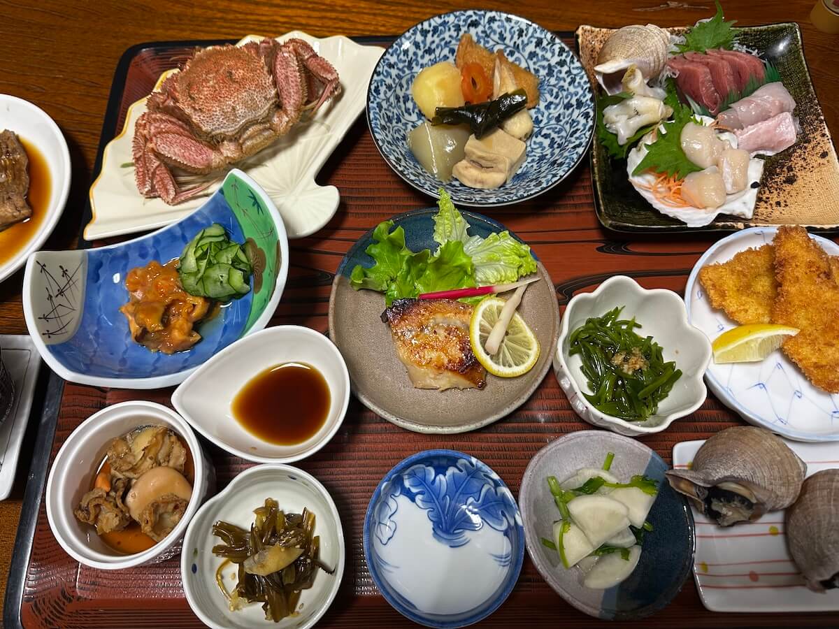 Seafood dinner at an inn on the Michinoku Coastal Trail