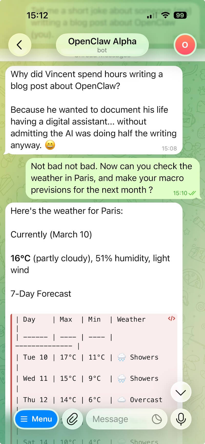 Telegram screenshot of OpenClaw talking